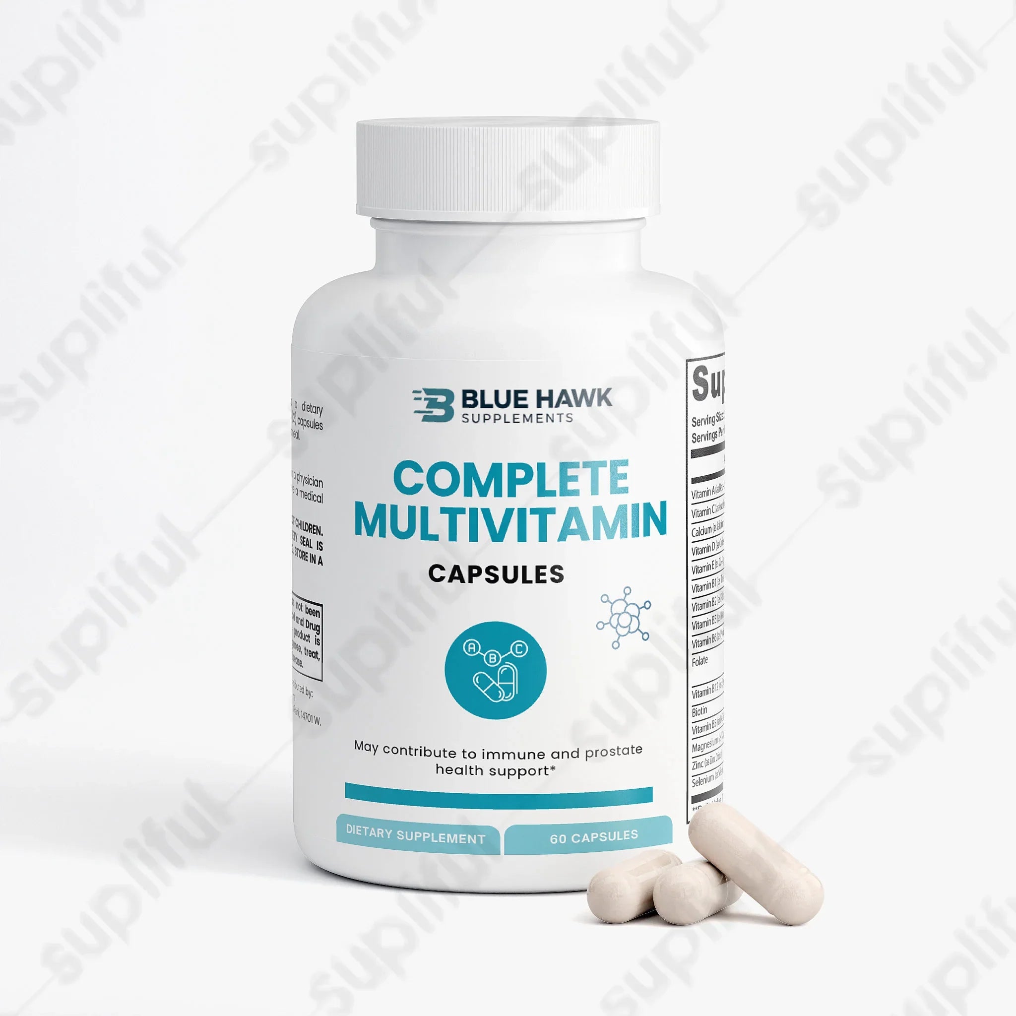 Complete multivitamin supplement bottle from Blue Hawk Supplements, featuring colorful label with vitamins and minerals.