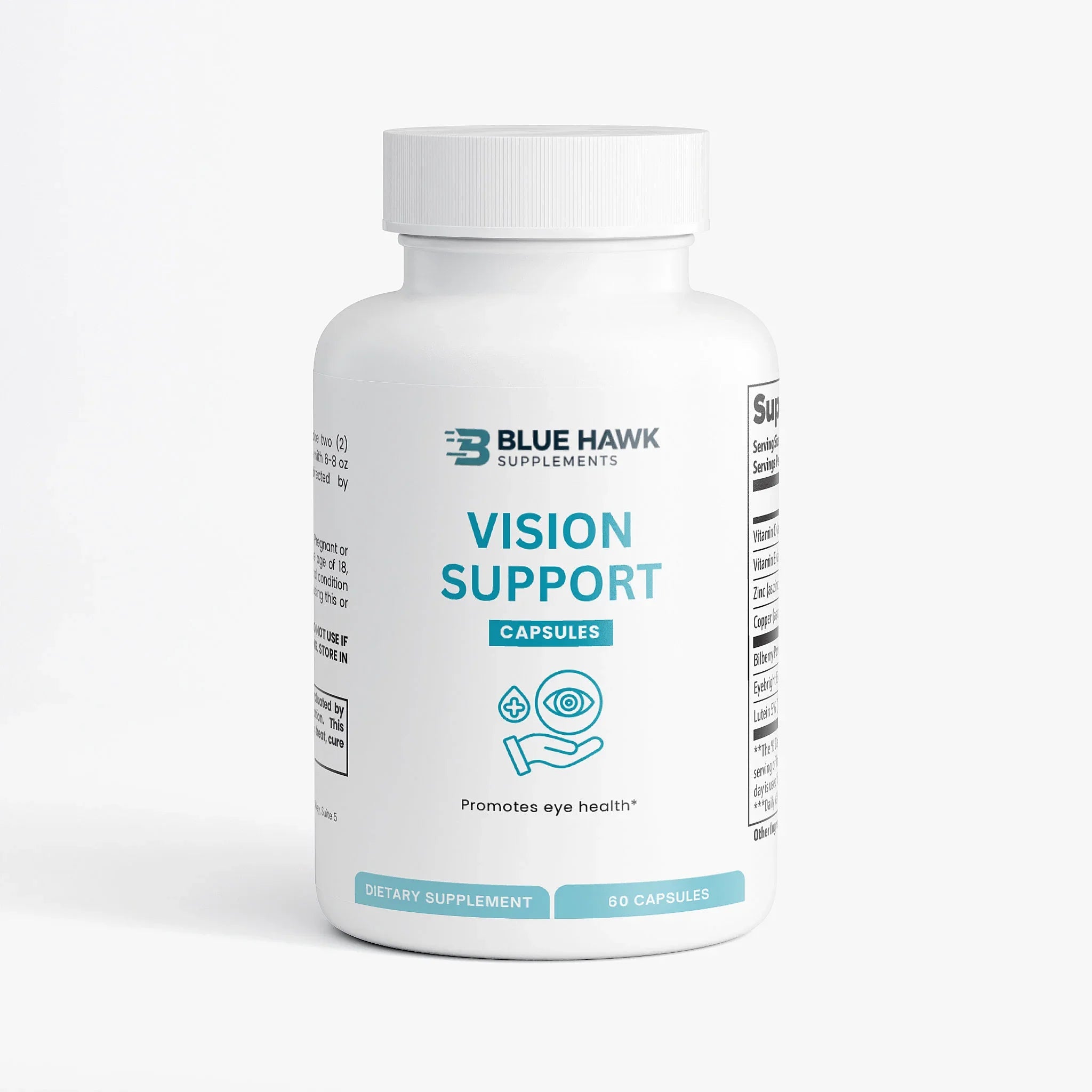 Bluehawksupplements Vision Support supplement label featuring eye, ear, and nose health icons and product branding.