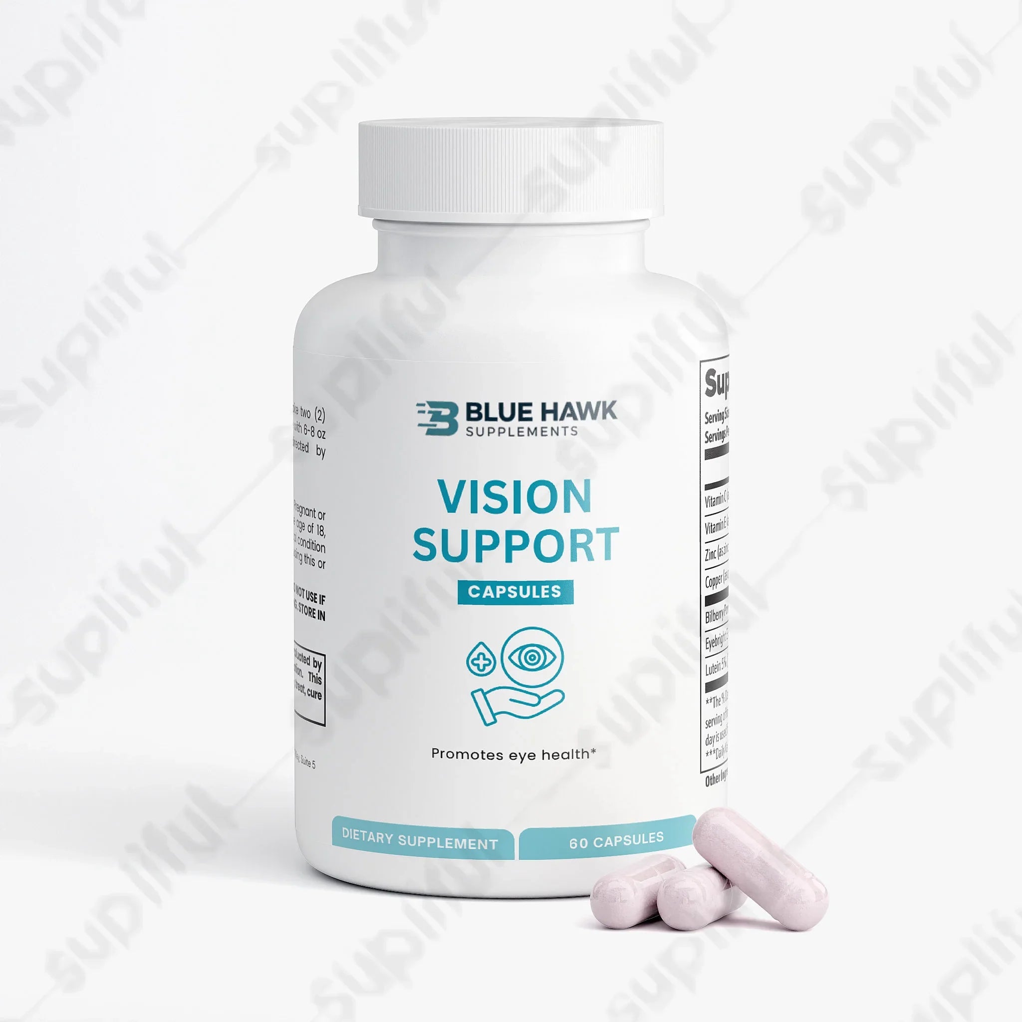 BluehawkSupplements Vision Support supplement label for eye, ear, and nose health with natural ingredients and branding.
