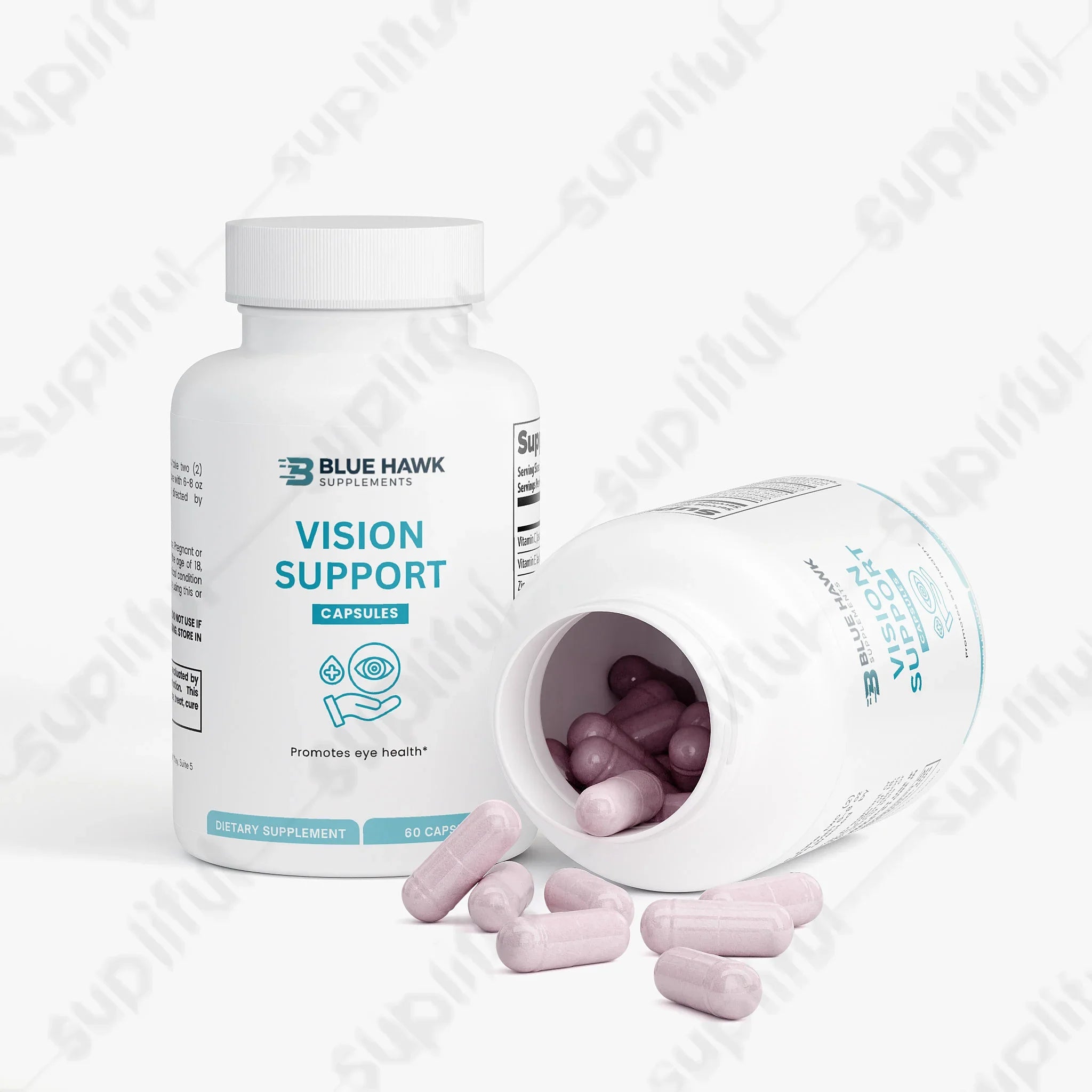 Bluehawk Supplements Vision Support bottle with label showing eye, ear, and nose health imagery and product details.