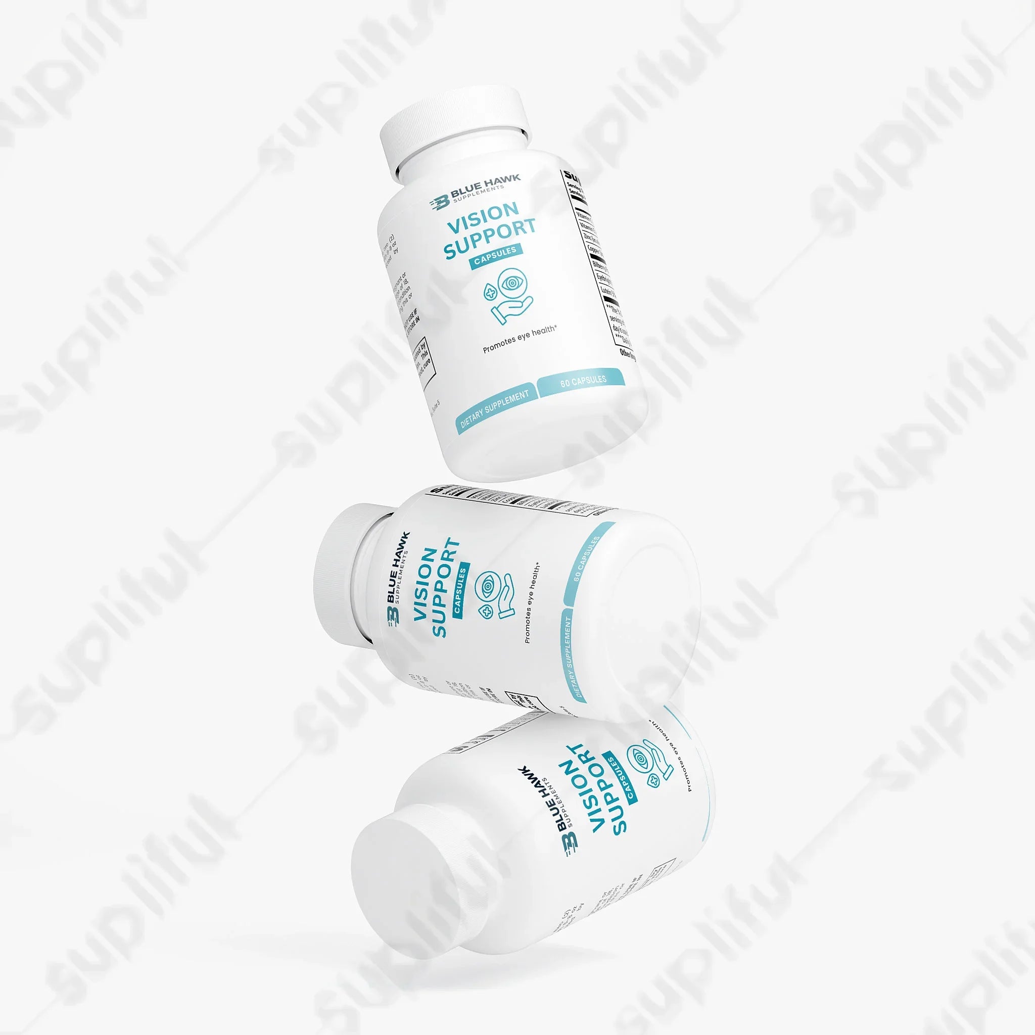 Bluehawksupplements Vision Support supplement bottle, eye, ear, and nose health product with label detail.