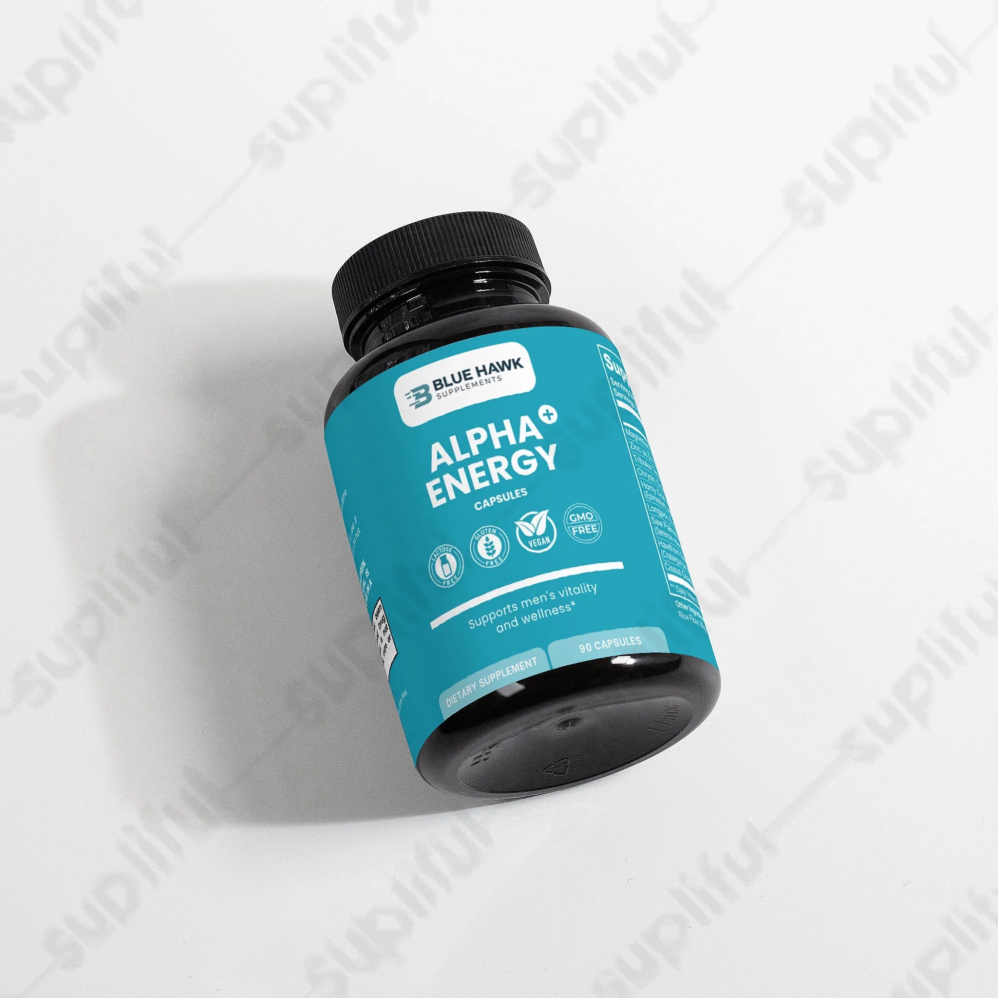 BlueHawkSupplements Alpha Energy sexual and reproductive wellness supplement bottle with label showing product details.