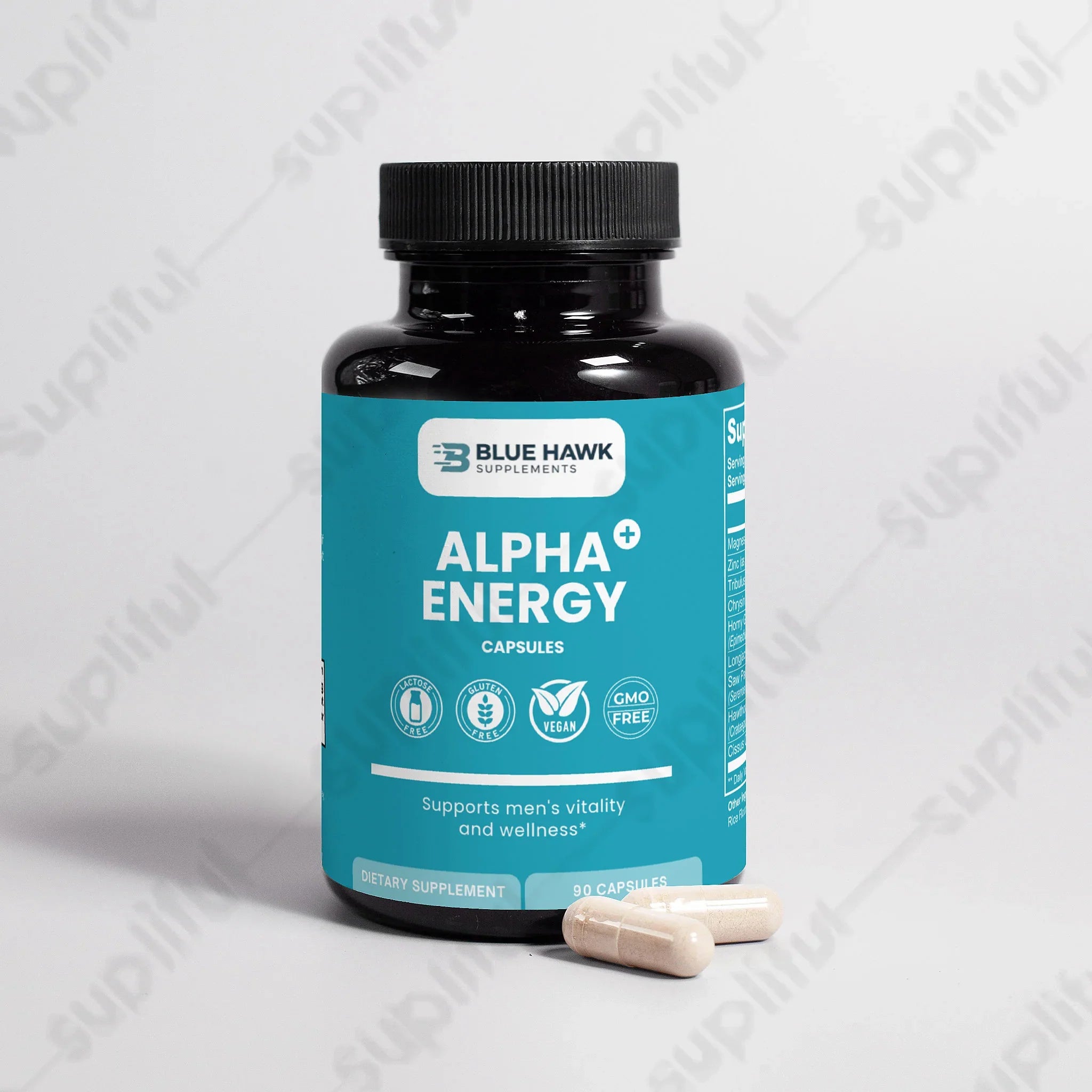Bluehawk Supplements Alpha Energy sexual and reproductive wellness supplement bottle with label and branding visible.