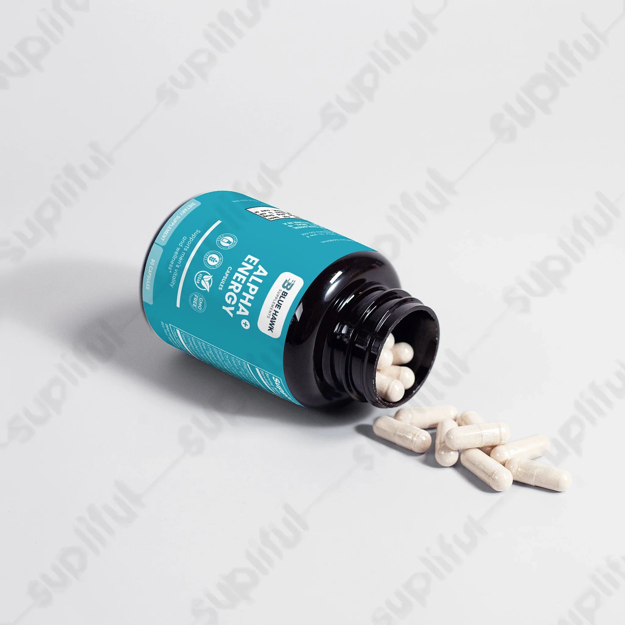 BlueHawkSupplements Alpha Energy sexual and reproductive wellness supplement bottle with label showing product details.