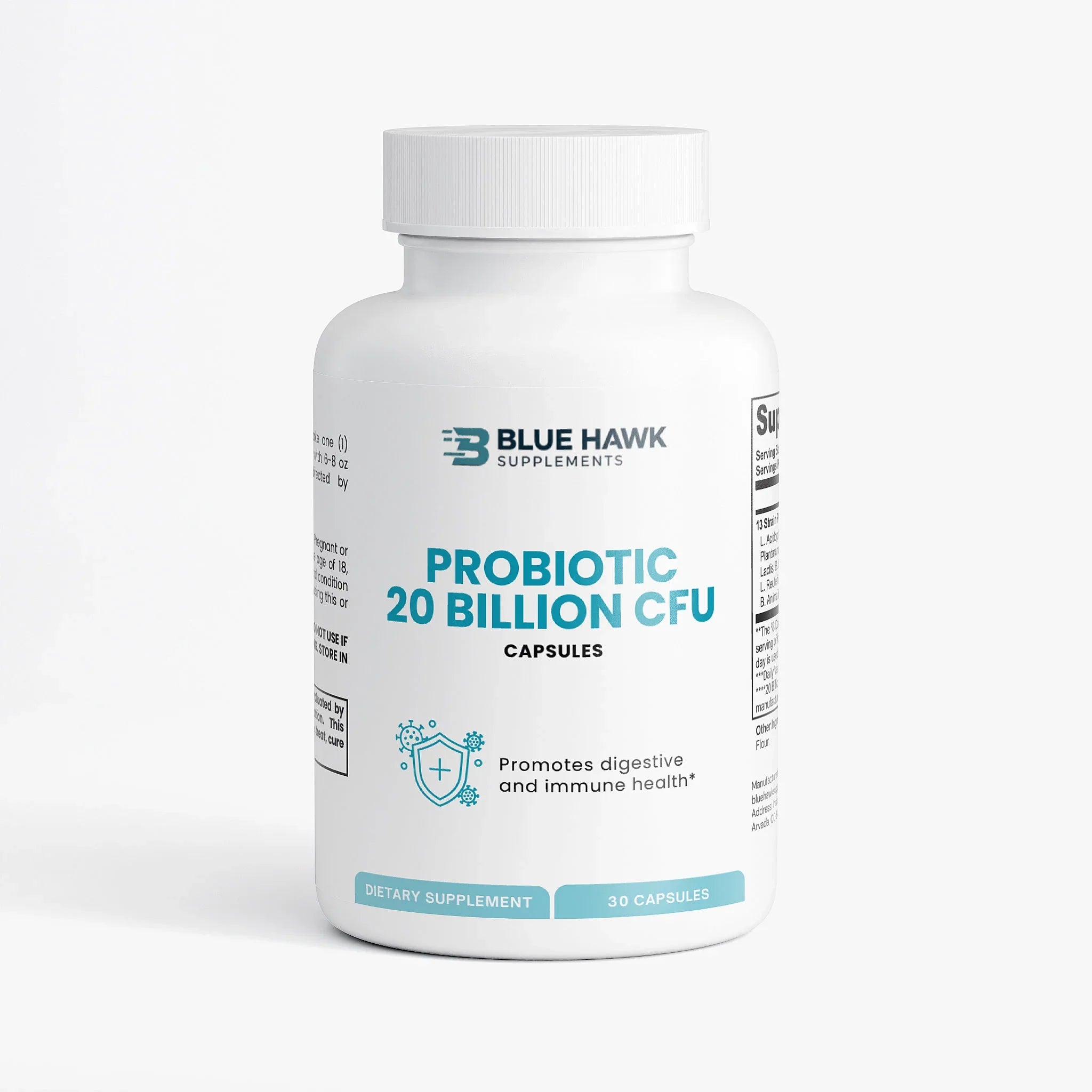 Bluehawk Supplements Probiotic 20 Billion bottle with label showing digestive support benefits and supplement information.