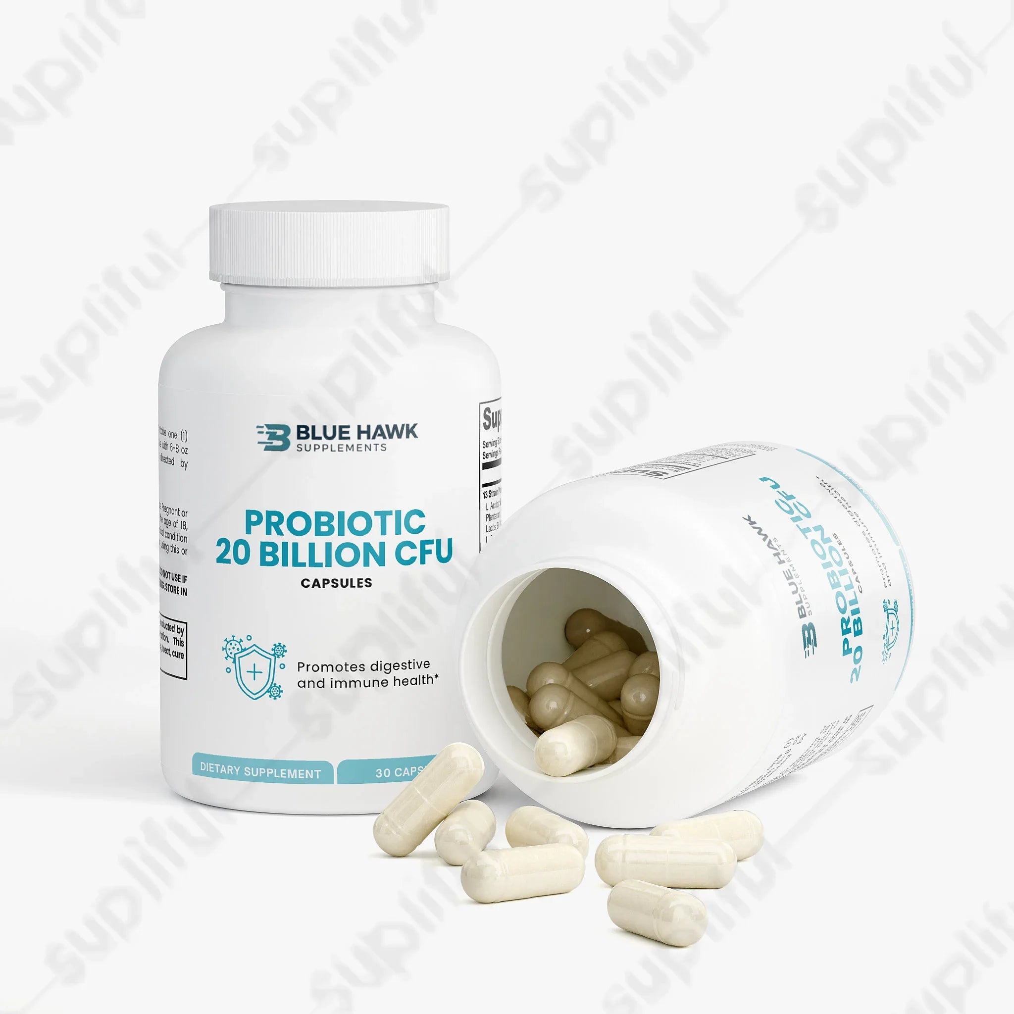 Bluehawk Supplements Probiotic 20 Billion bottle with label for digestive support, featuring capsules and supplement details.