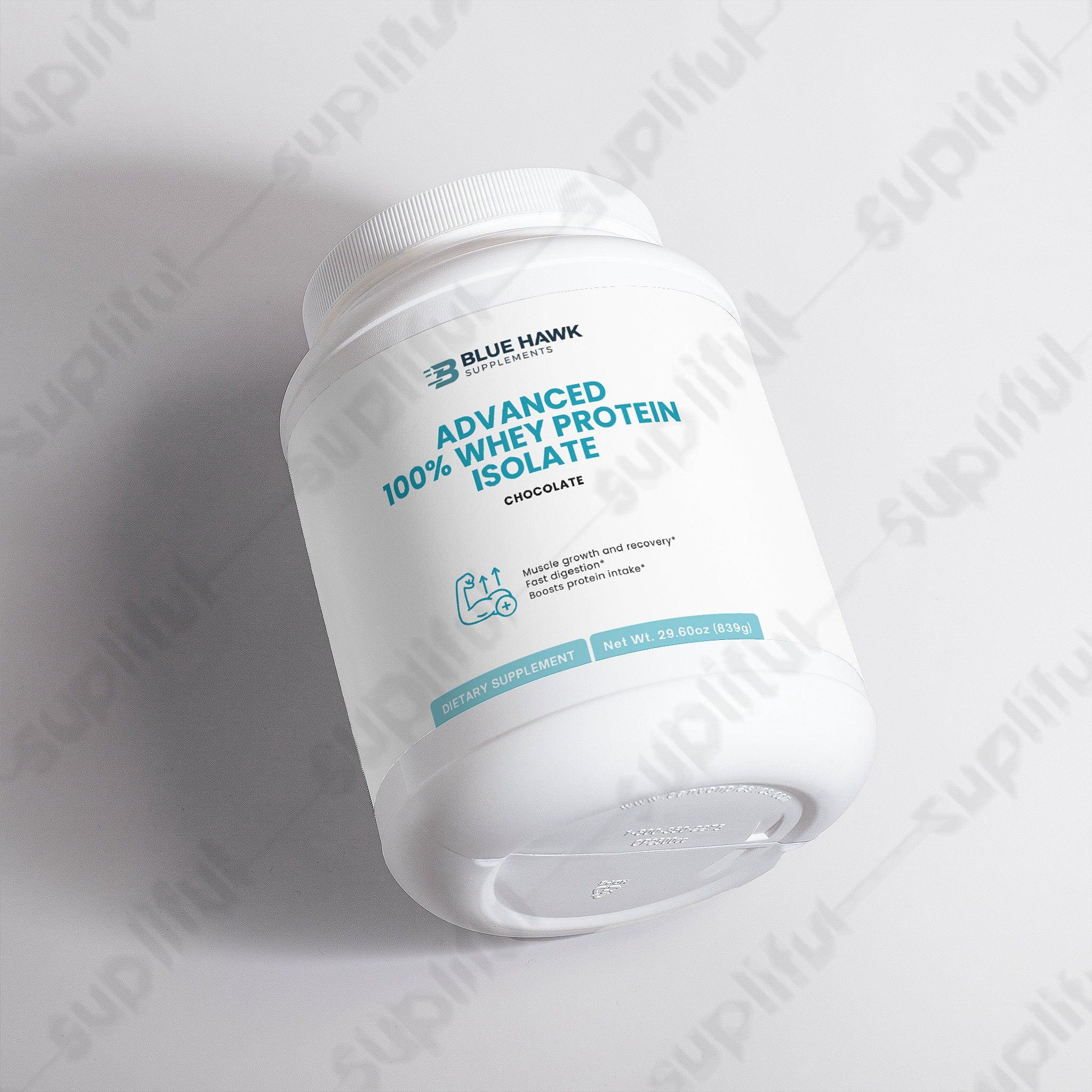 BluehawkSupplements Advanced 100% Whey Protein Isolate in chocolate flavor, showing the product label with nutritional info.