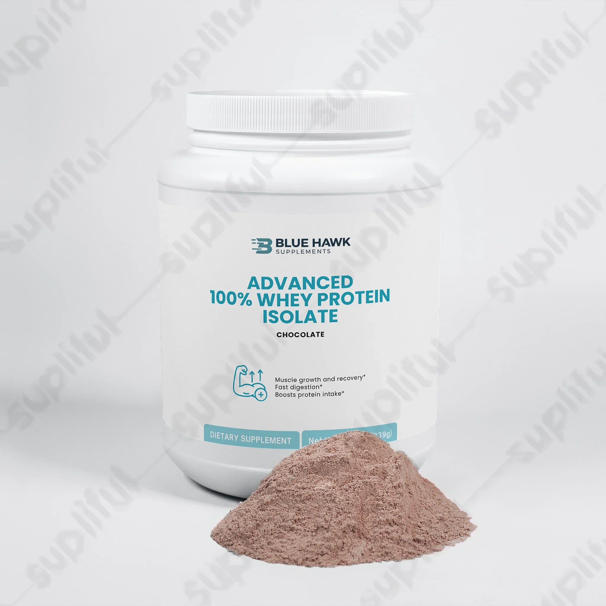 Bluehawk Supplements Advanced 100% Whey Protein Isolate in chocolate flavor, showing the product label and packaging.