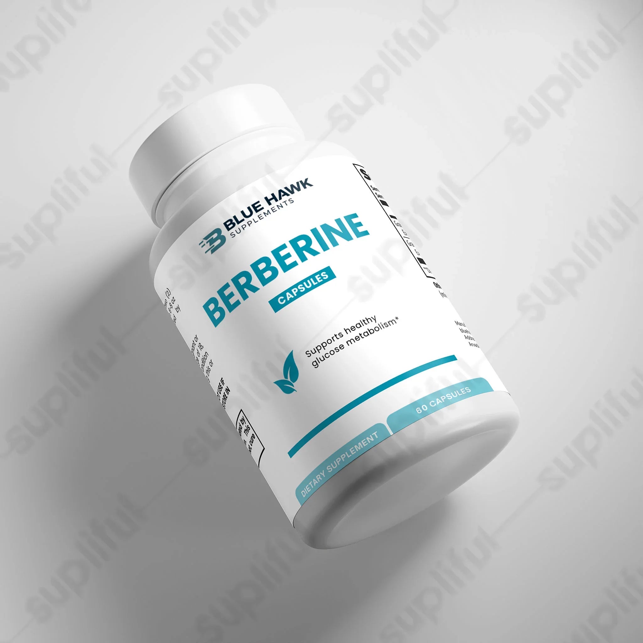 Bluehawk Supplements Berberine supplement label, weight management product in bottle with label details visible.