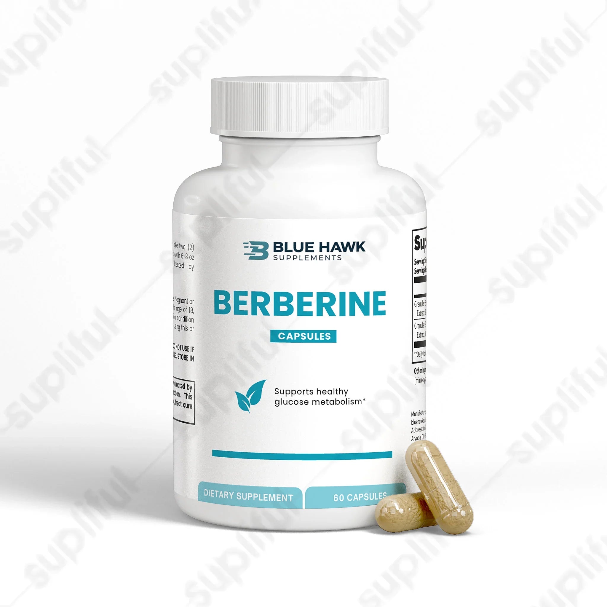 Bluehawk Supplements Berberine bottle for weight management with a white label and blue accents, shown on a plain background.
