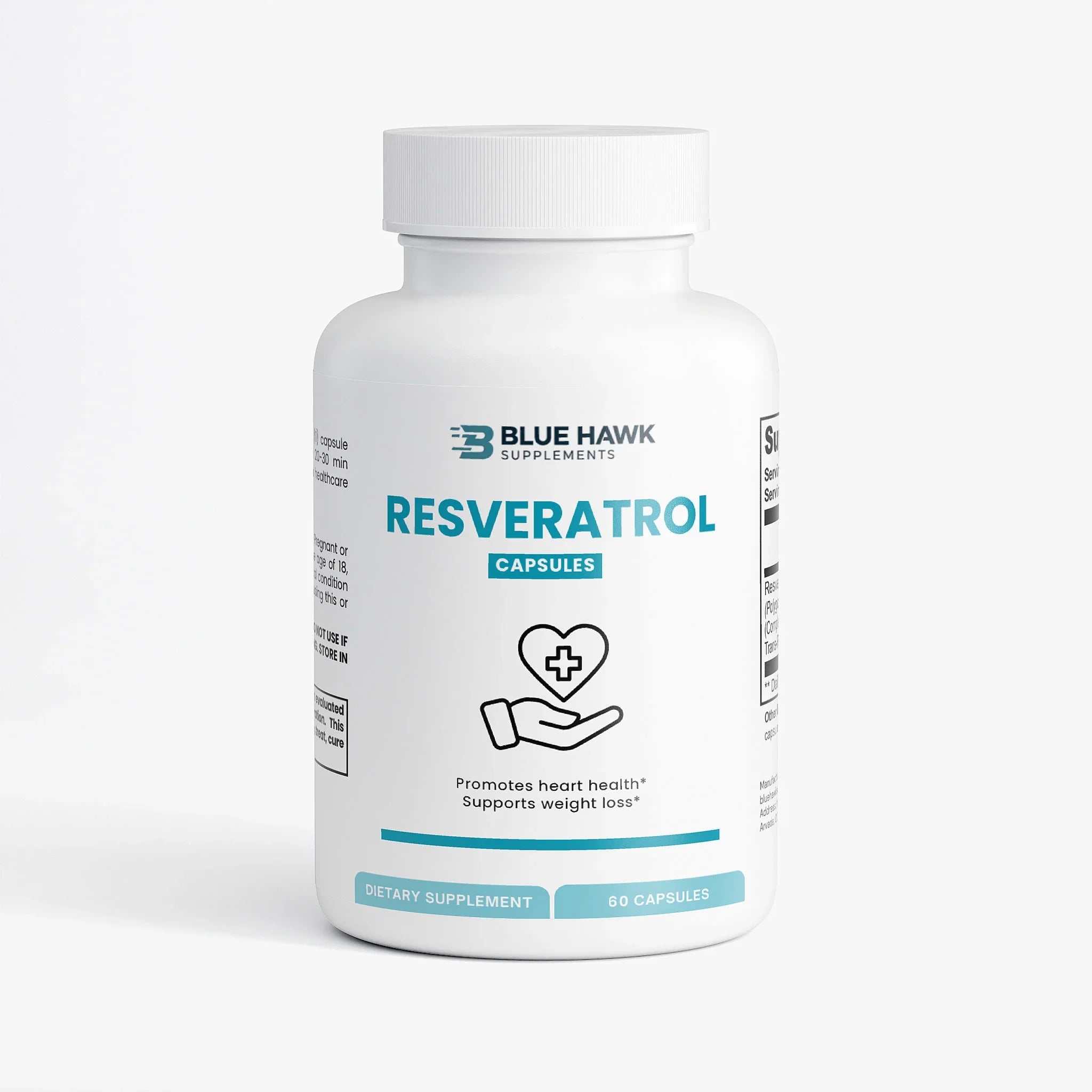 BluehawkSupplements Resveratrol 50% 600mg supplement bottle with label for weight management.