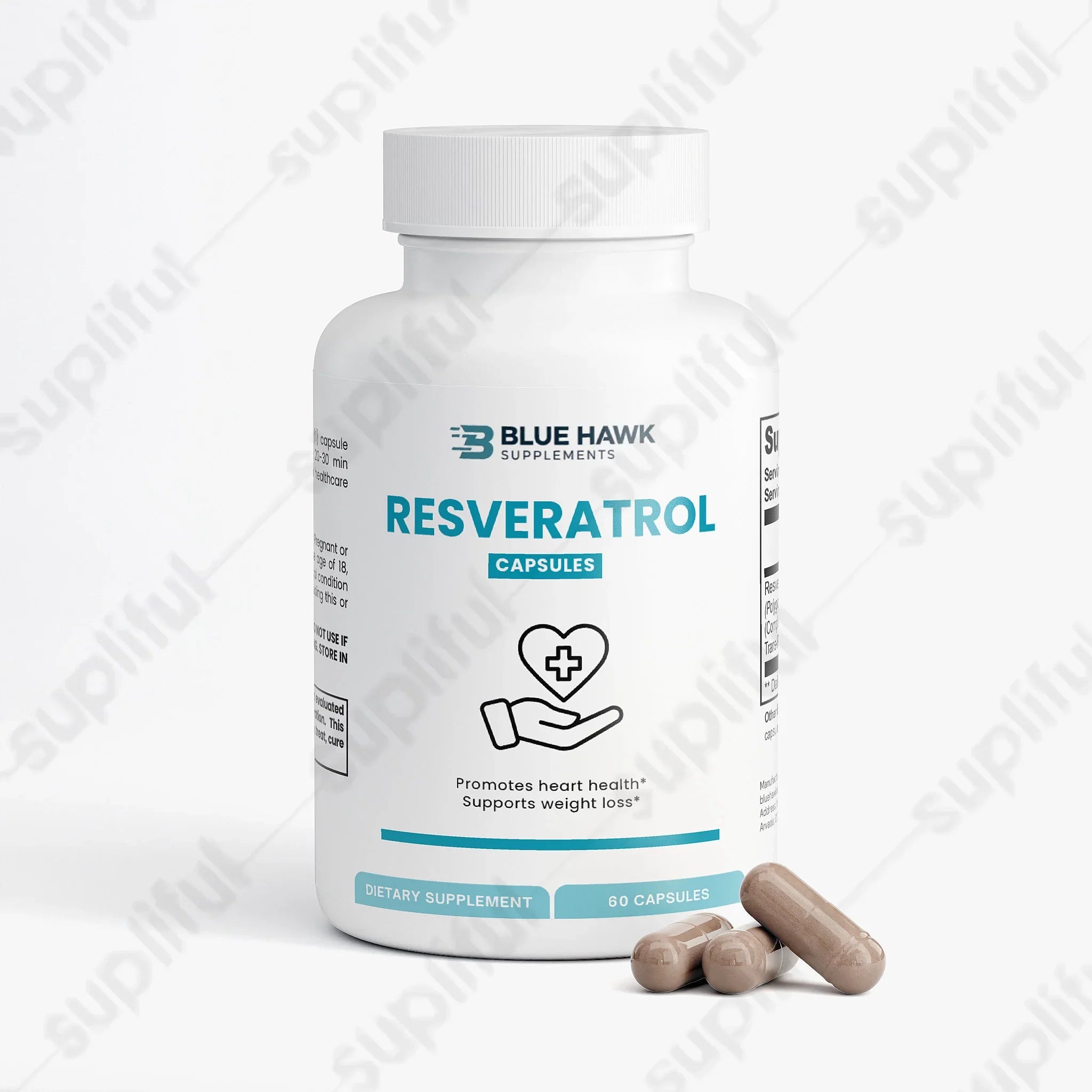 Bluehawk Supplements Resveratrol 50% 600mg bottle with label, designed for weight management and health support.