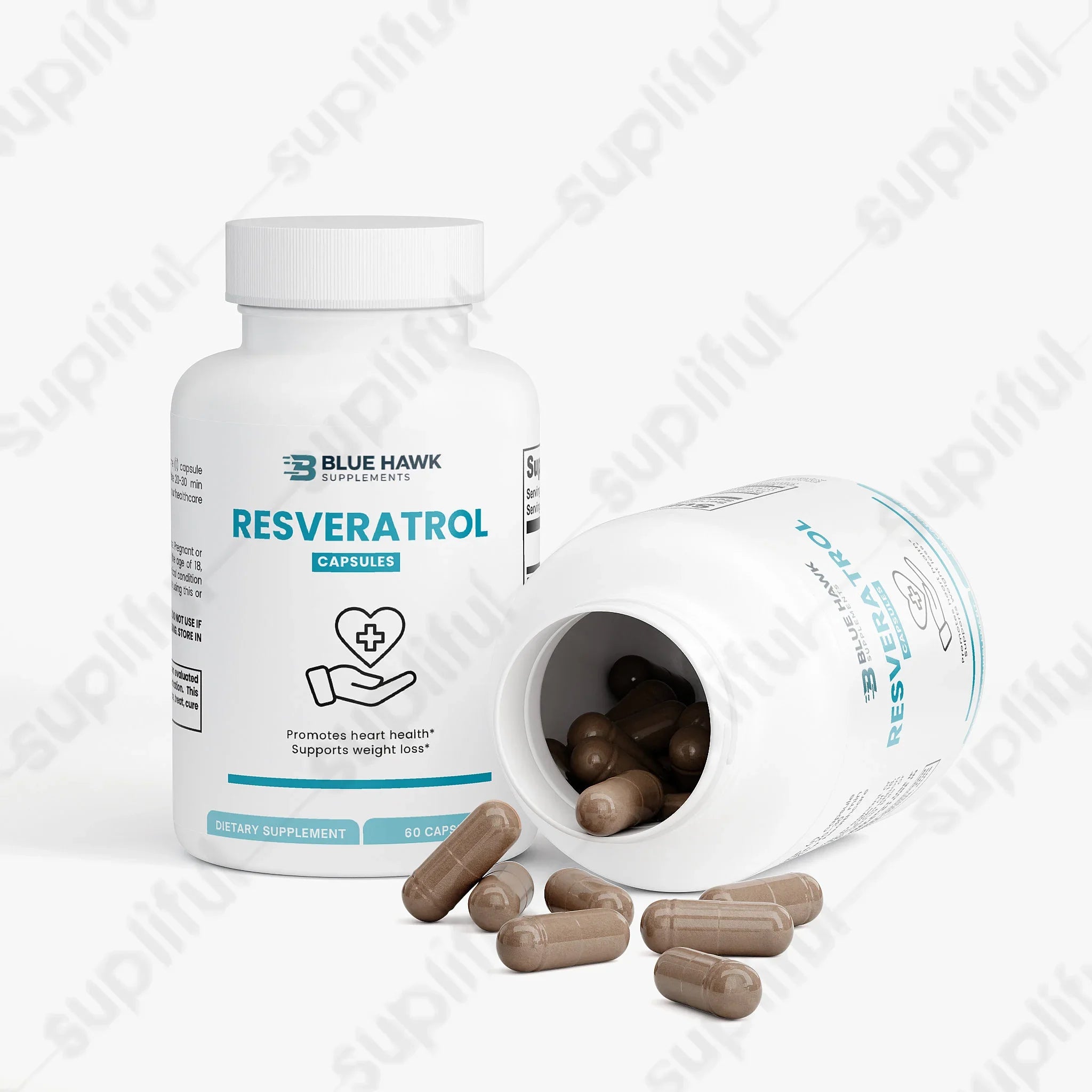 BluehawkSupplements Resveratrol 50% 600mg supplement bottle with label for weight management, featuring natural health imagery.