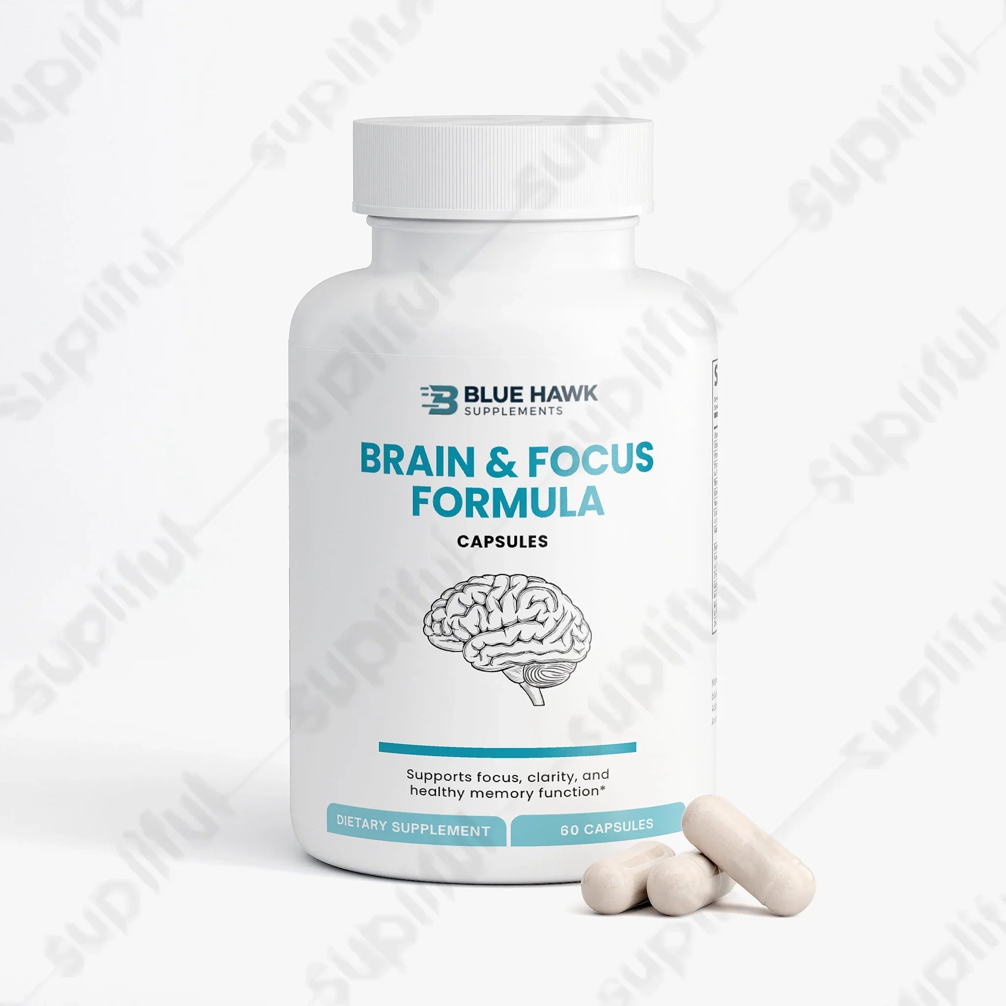 BluehawkSupplements Brain & Focus Formula label showing supplement details and ingredients for cognitive support.