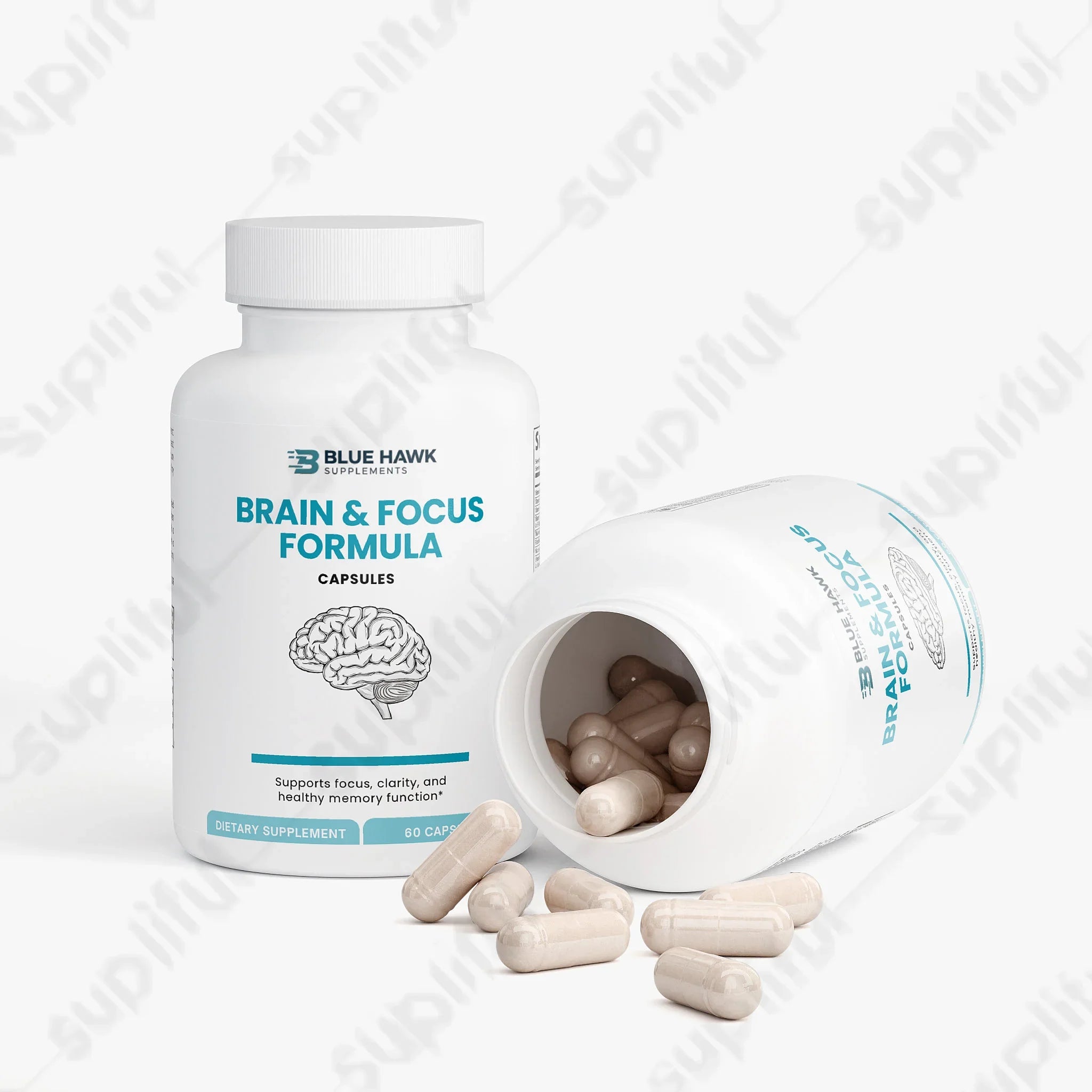 Bluehawk Supplements Brain & Focus Formula label showing cognitive support ingredients and branding on a white background.