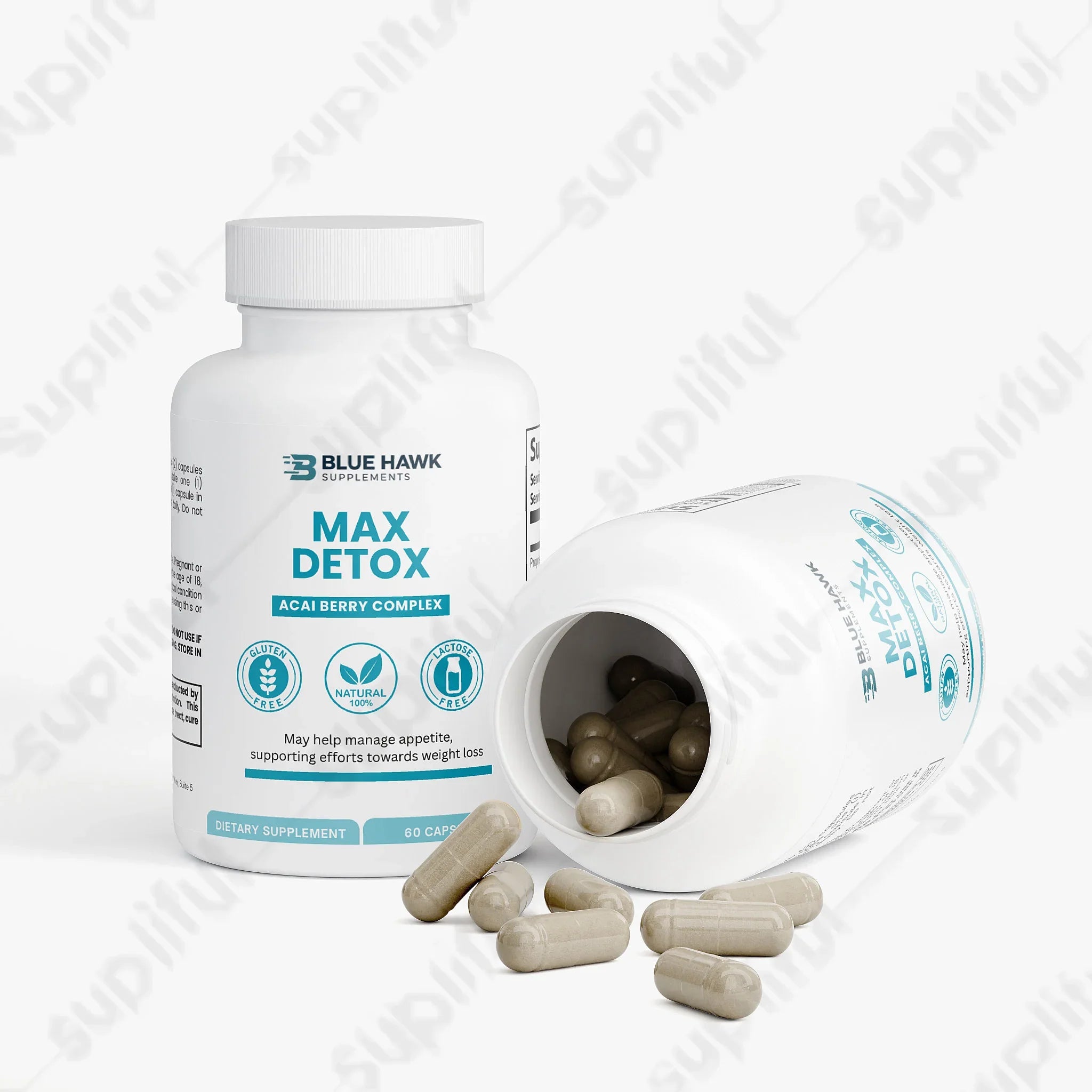 Bluehawk Supplements Max Detox Acai detox digestive support supplement bottle with label, featuring vibrant acai imagery.