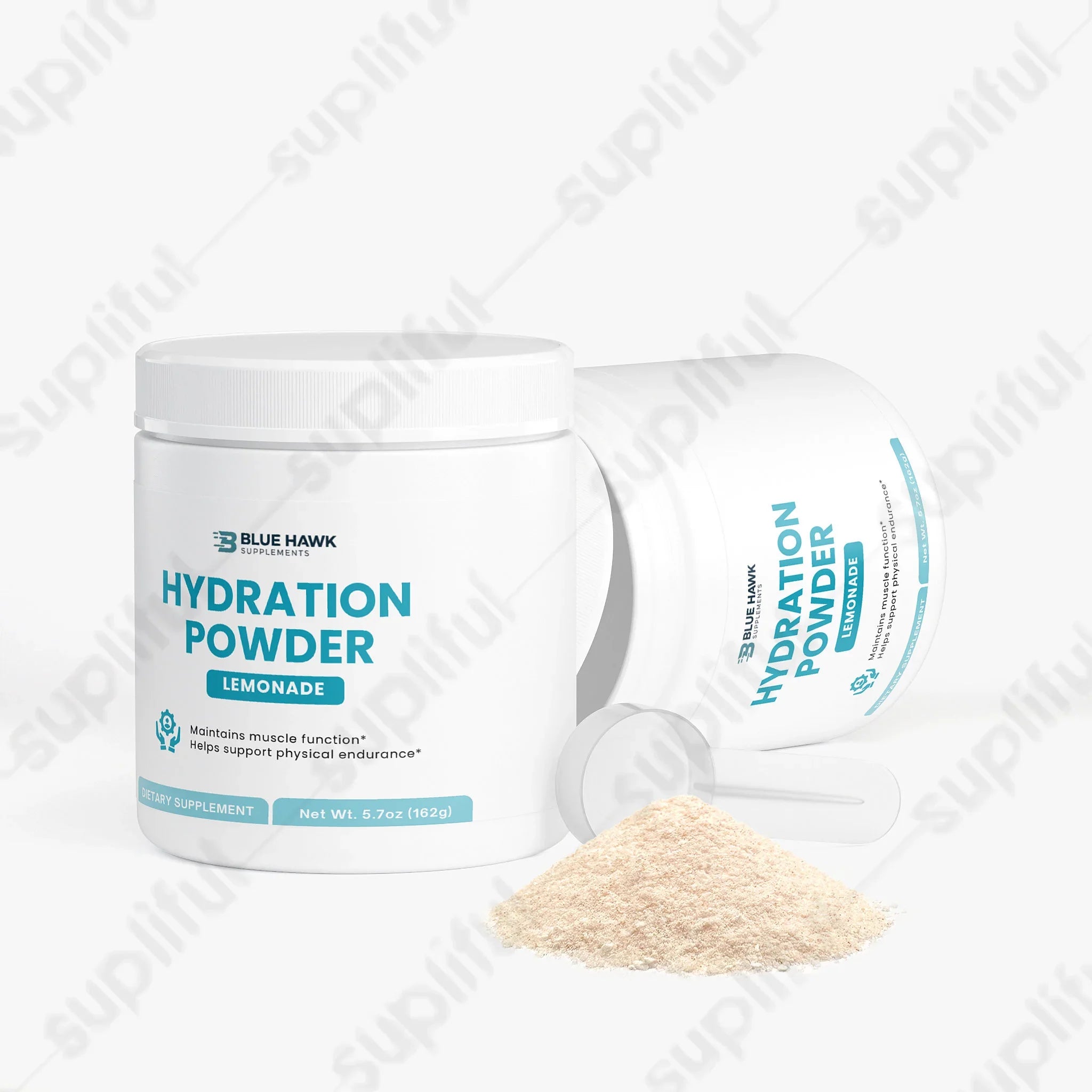 Bluehawk Supplements Lemonade Hydration Powder in a container, intra-workout supplement with lemon flavor for hydration and electrolyte replenishment.