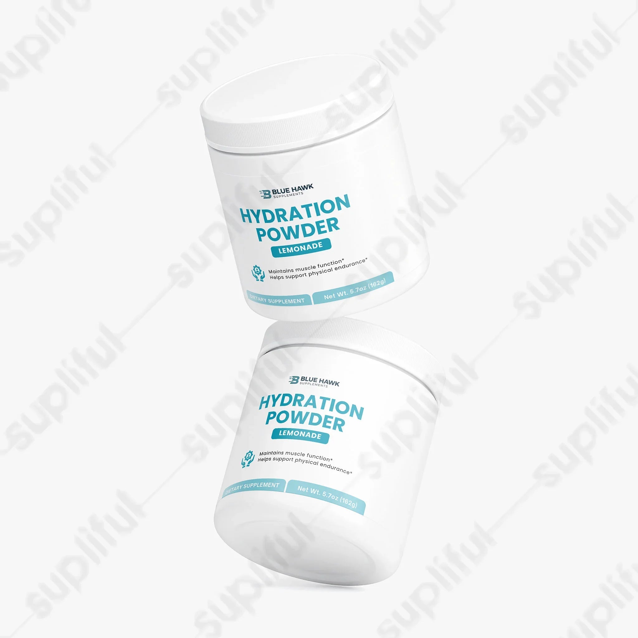 Bluehawk Supplements Lemonade Hydration Powder for intra-workout, featuring a colorful label and scoop inside a container.
