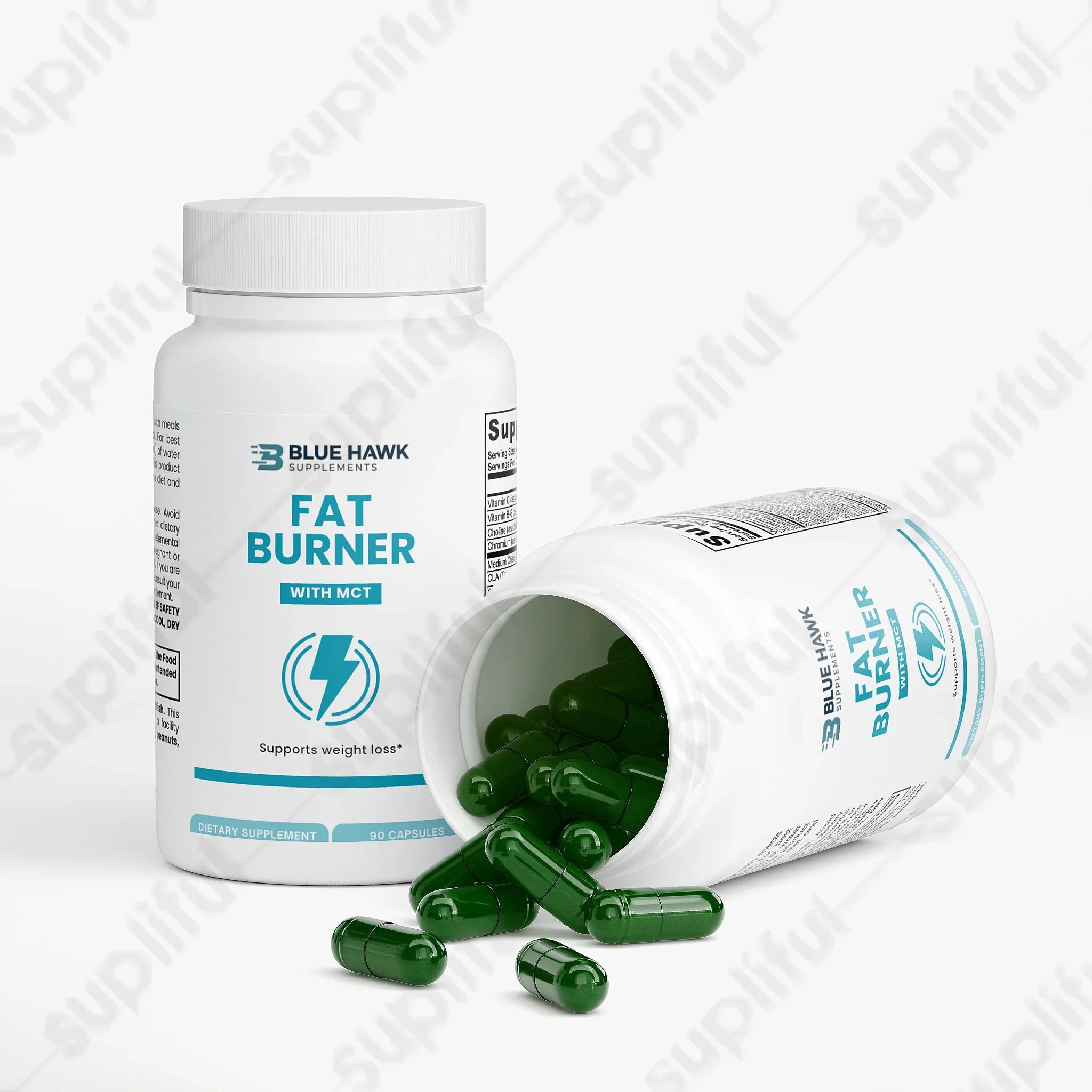 Bluehawk Supplements fat burner with MCT oil supplement for weight management, featuring a label with product branding.