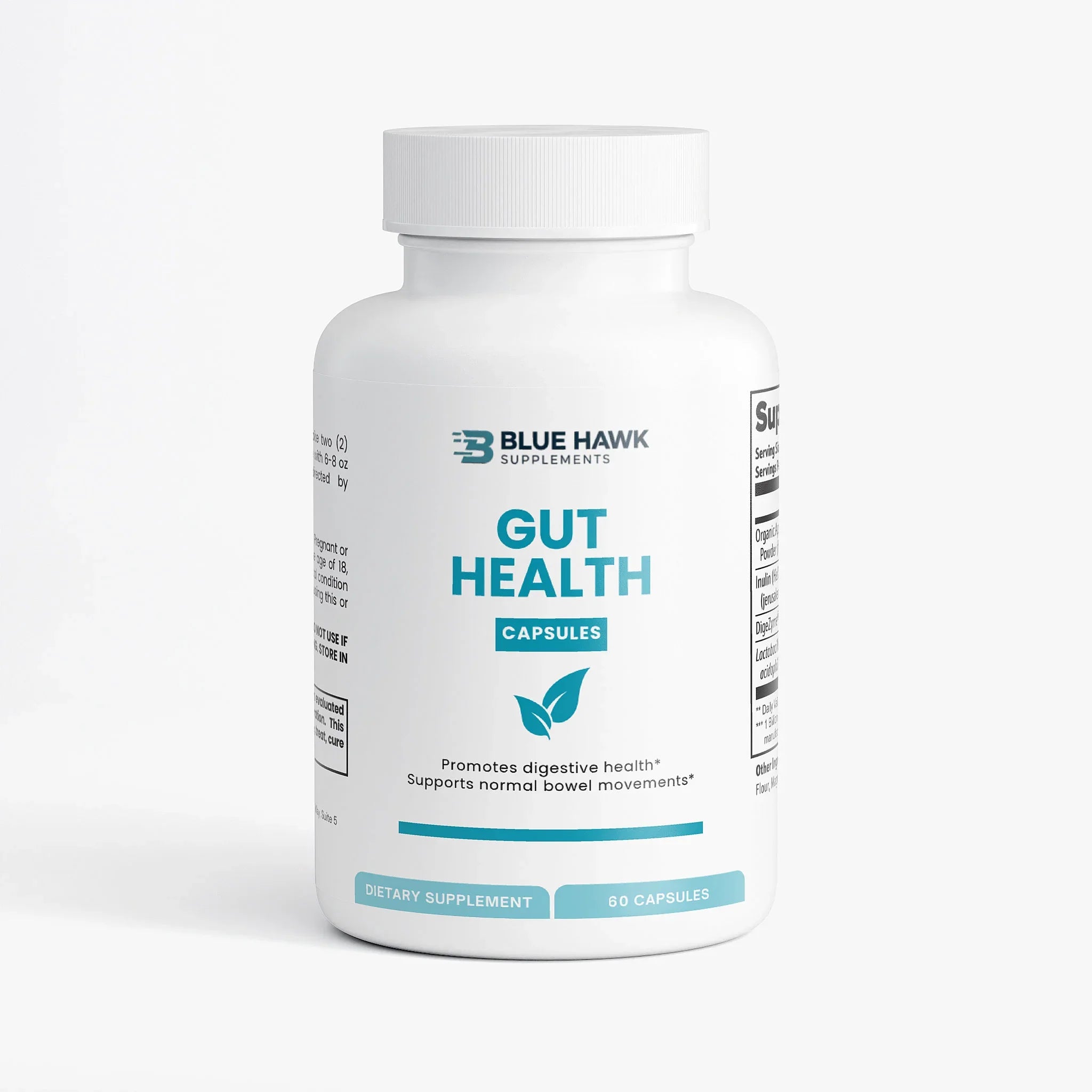 Bluehawk Supplements digestive support label showing gut health formula with probiotics and natural ingredients.