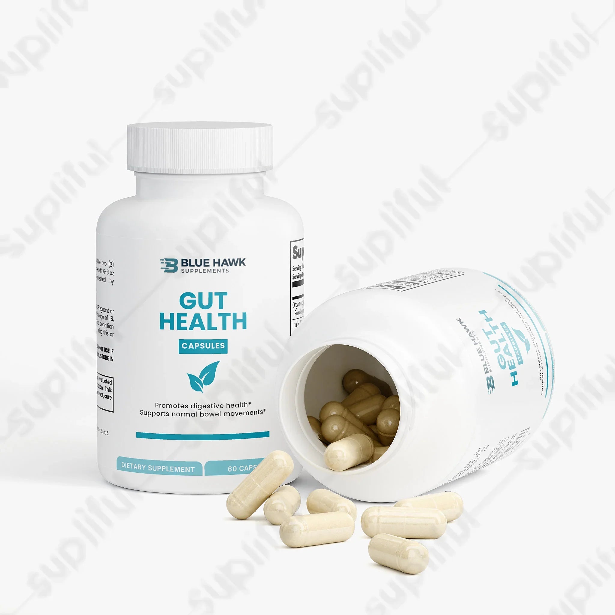 Bluehawk Supplements digestive support supplement label for gut health, featuring natural ingredients and health benefits.