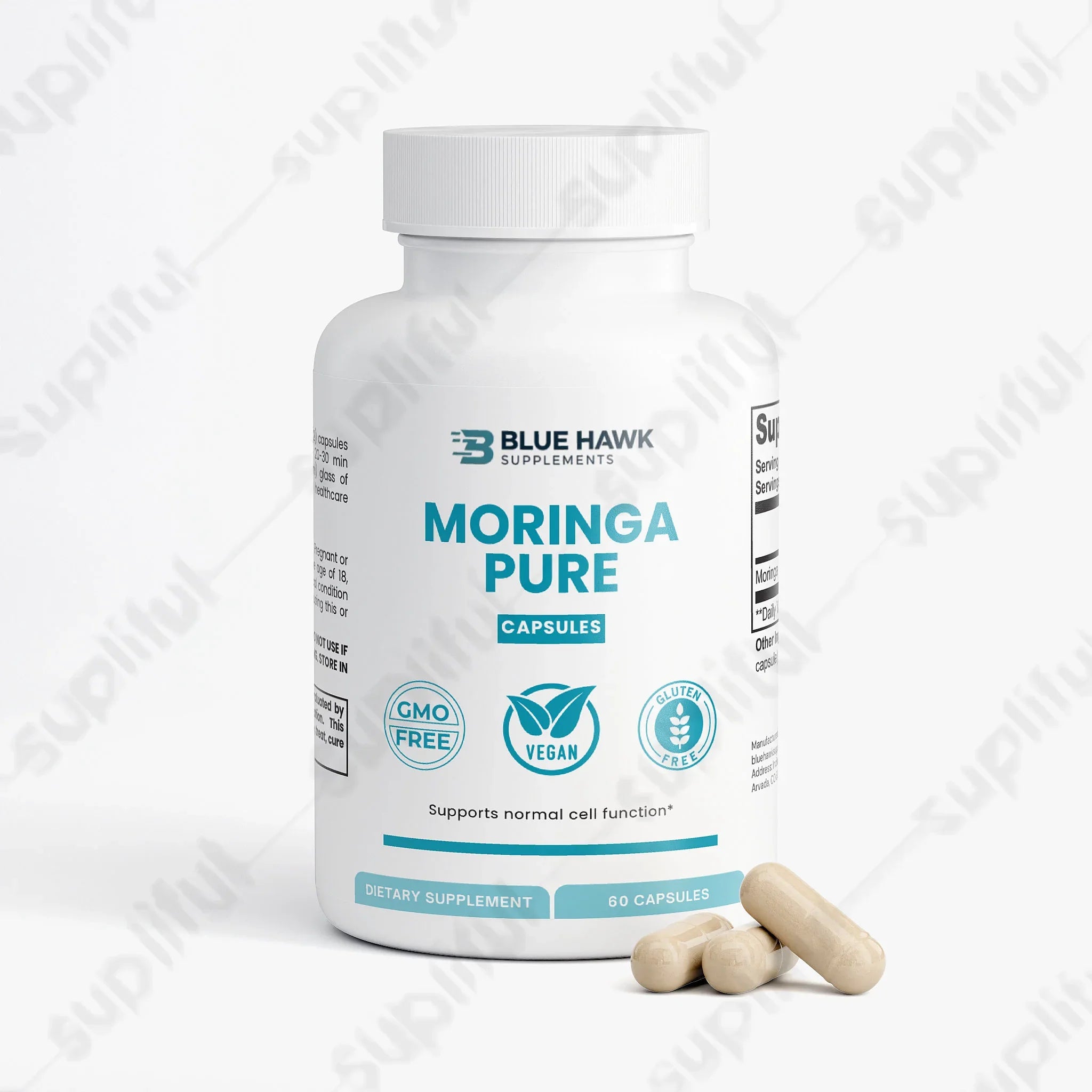 Bluehawk Supplements Moringa Pure specialty supplement bottle with label, featuring green Moringa plant imagery on the label.