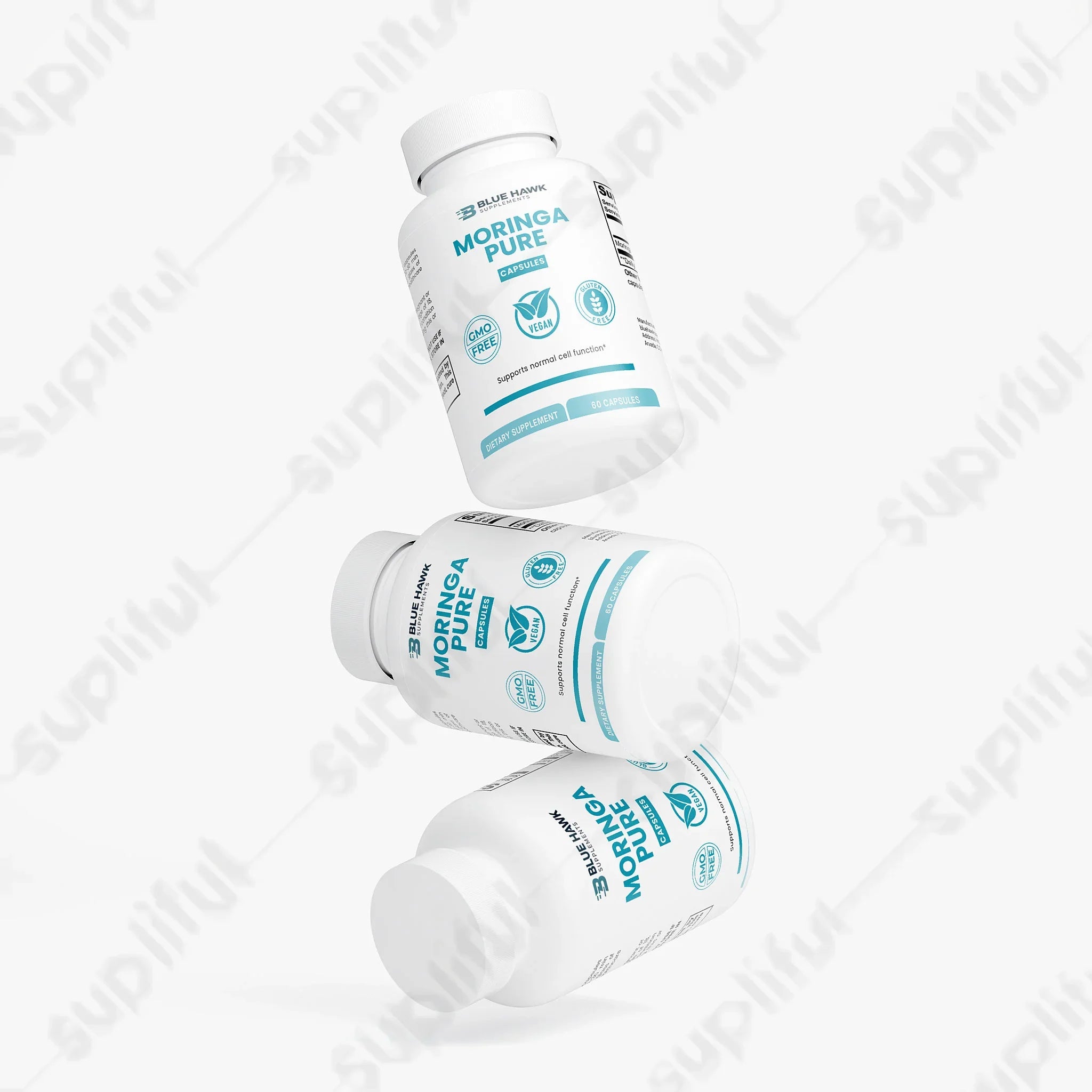 Bluehawk Supplements Moringa Pure label on a supplement jar, showcasing natural health benefits of this specialty Moringa supplement.