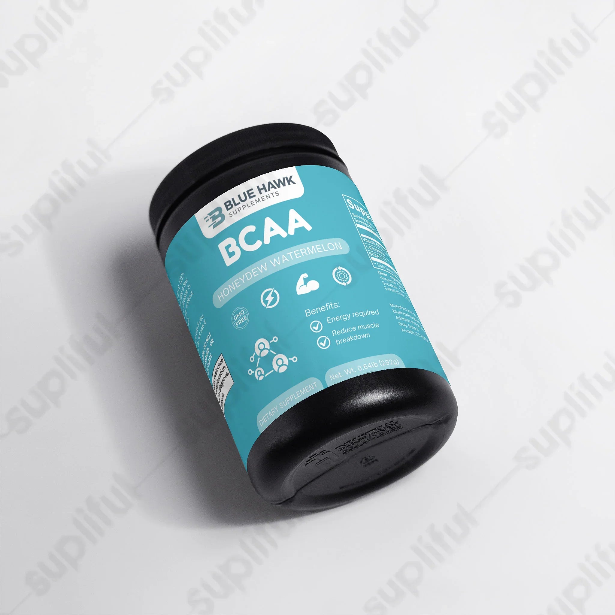 Blue Hawk Supplements BCAA Post Workout Powder in honeydew and watermelon flavor, showing the label with ingredients and branding.