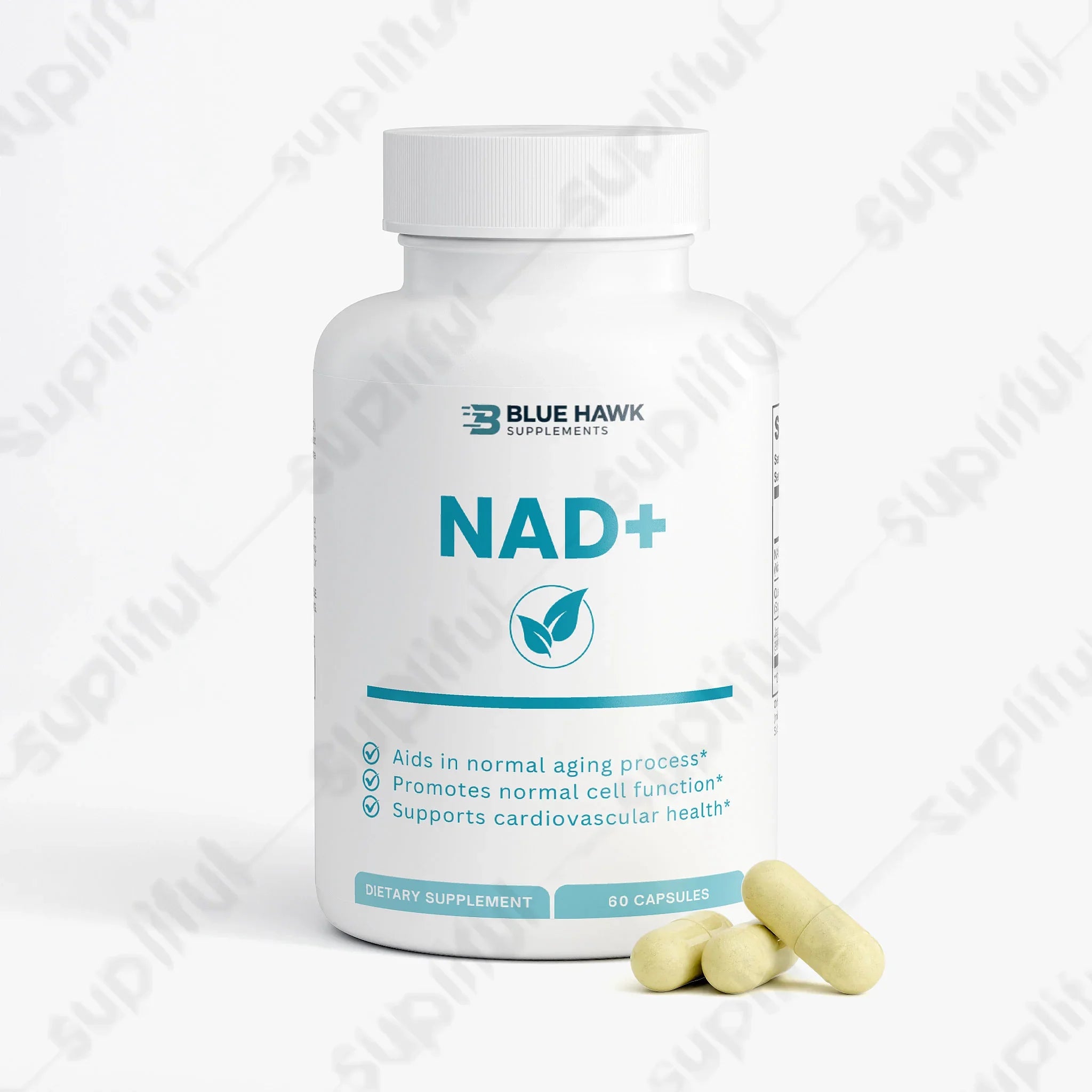 Bluehawk Supplements NAD+ specialty supplement bottle with label showing product details and branding.