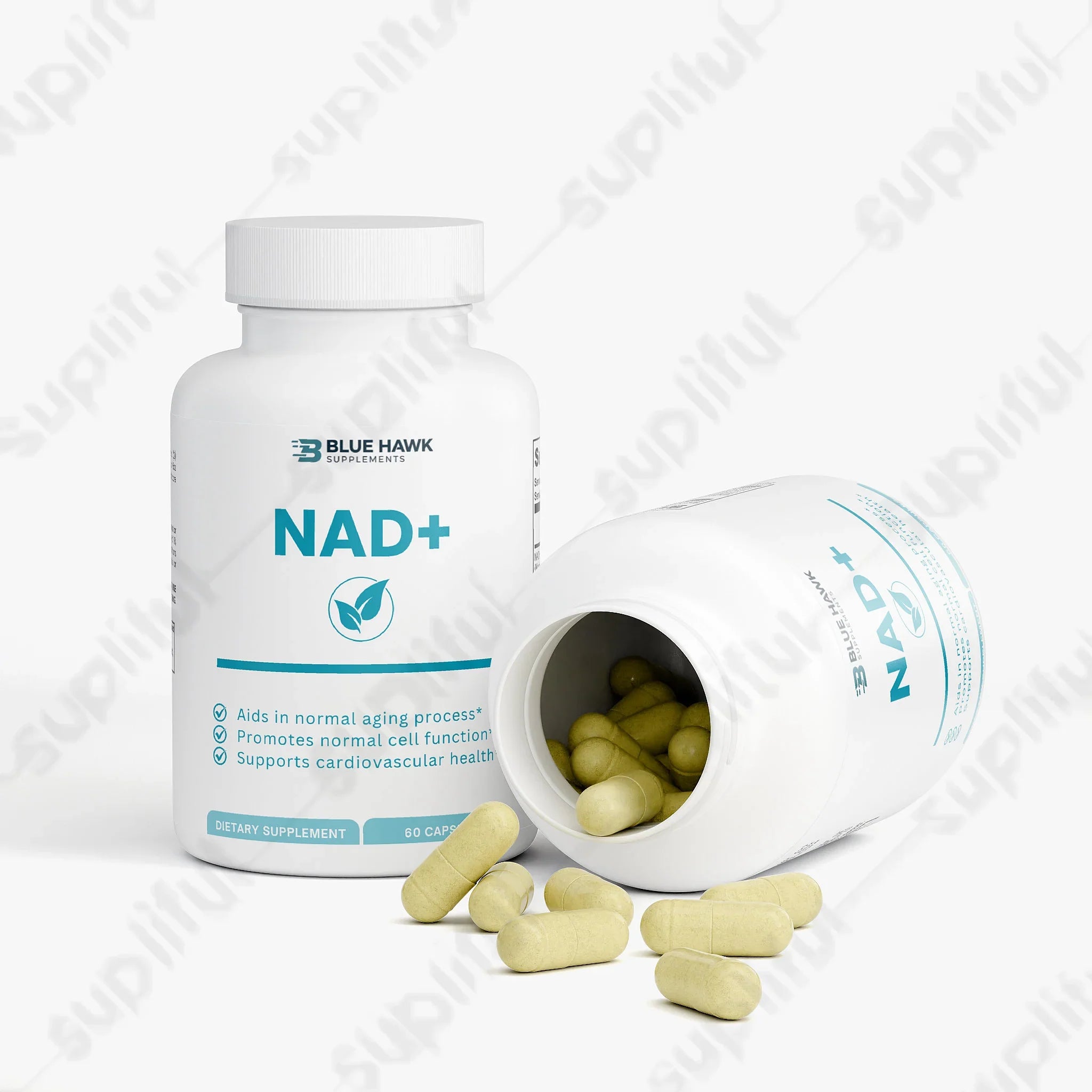 Bluehawk Supplements NAD+ specialty supplement bottle with label, showing the product's branding and information.