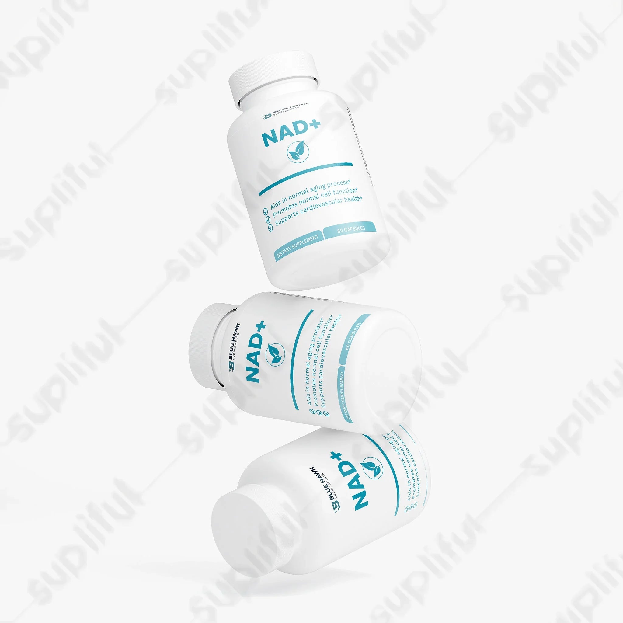Bluehawk Supplements NAD+ specialty supplement bottle with label showing product details and branding.