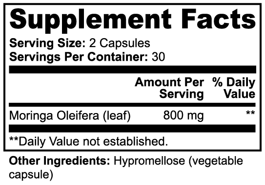 Bluehawk Supplements Moringa Pure specialty supplement bottle with green powder and label, showcasing natural health ingredients.