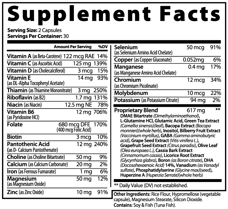 BluehawkSupplements Brain & Focus Formula bottle with capsules, designed to support cognitive health and mental clarity.