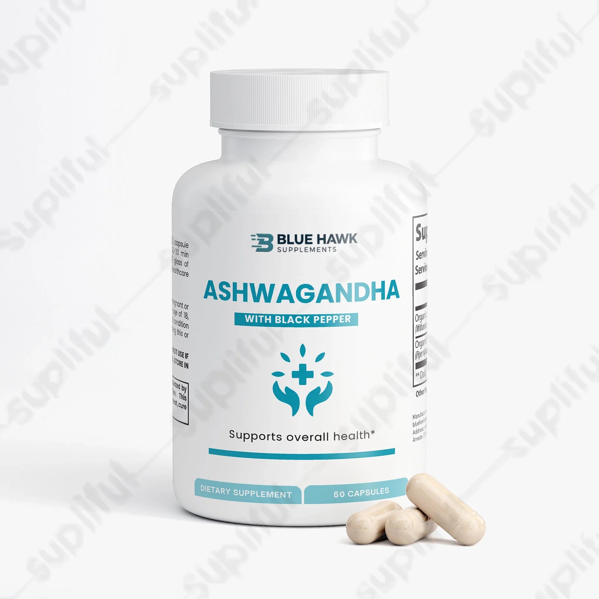 BlueHawkSupplements ashwagandha specialty supplement bottle with label showing natural root extract for stress support.