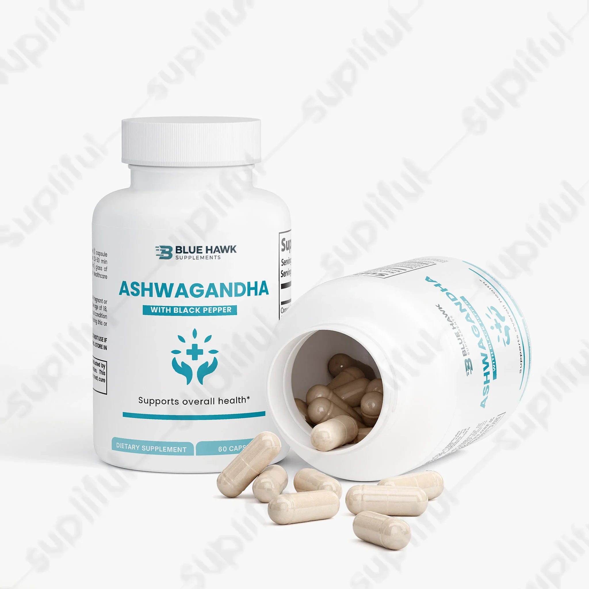 Bluehawk Supplements Ashwagandha specialty supplement bottle with label and capsule images, natural herbal health product.