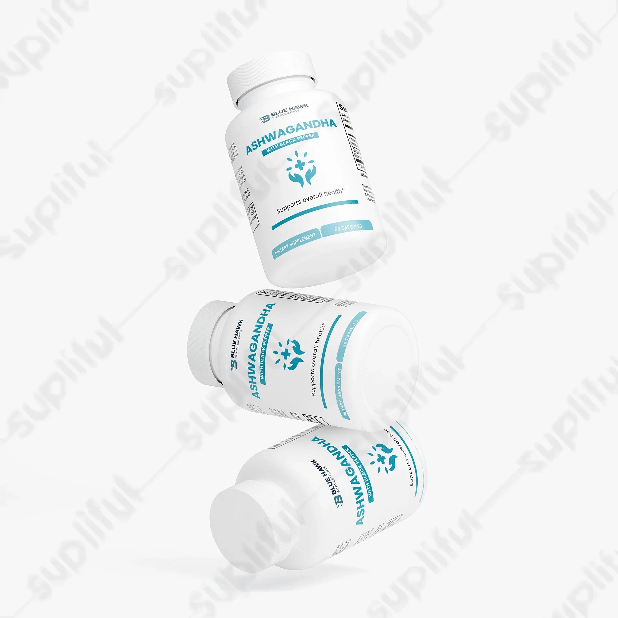 BlueHawkSupplements Ashwagandha specialty supplement bottle with label showing natural herbal ingredients and supplement details.
