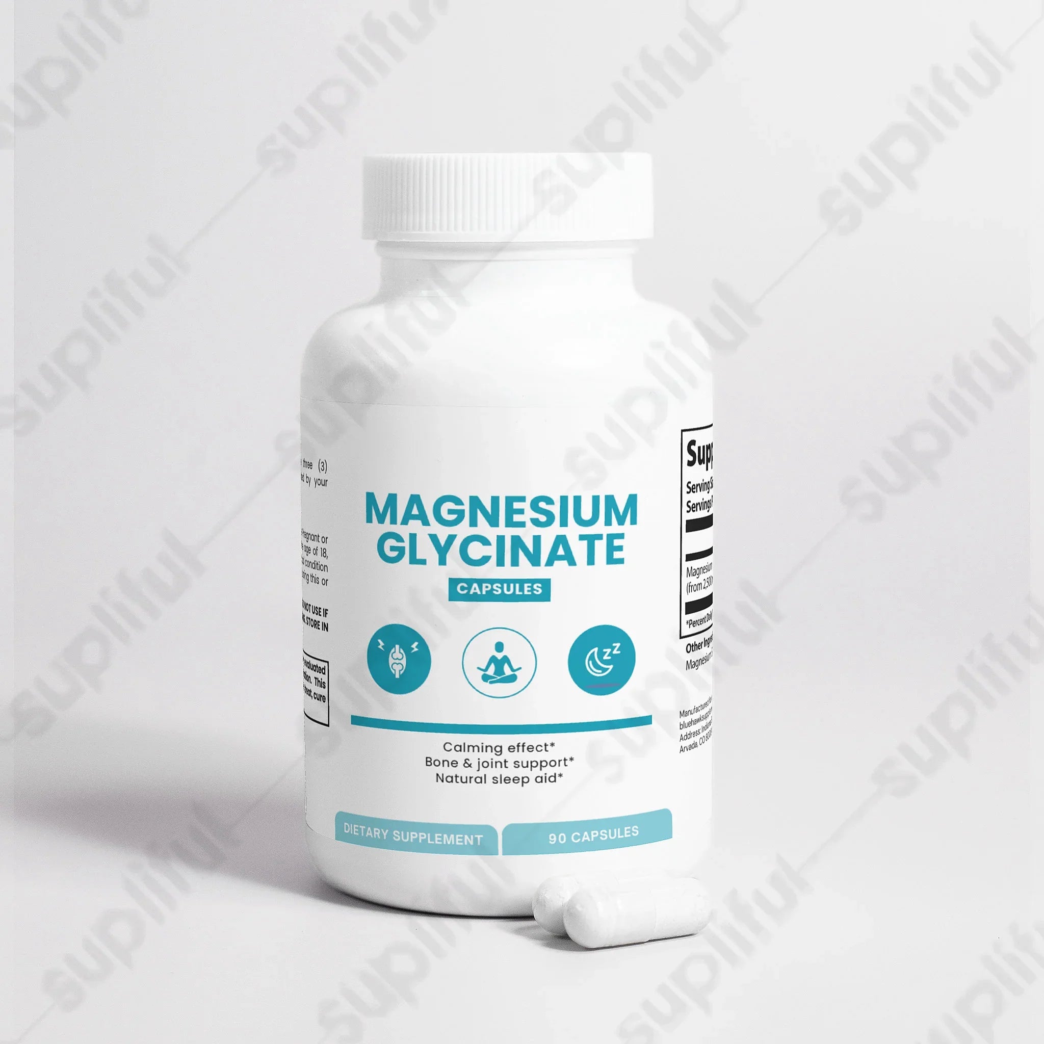 Label of Bluehawk Supplements Magnesium Glycinate vitamins and minerals bottle showing product details and branding.